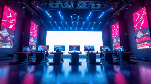 电竞比赛现场照片，选手在舞台比赛，观众席座无虚席，大屏幕显示游戏画面，专业氛围